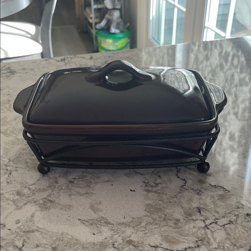 Eggpplant Ceramic Covered Dish with Metal Stand